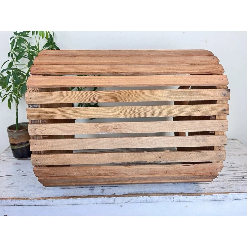 Vintage Solid Wood Slatted Goose Magazine Blanket Basket W/ Handle Cottage Decor